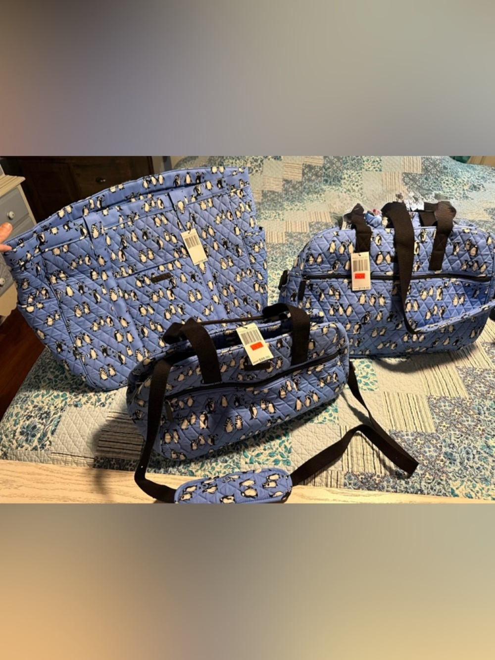 Vera Bradley Blue Quilted Penguin Print Travel Bag Trio